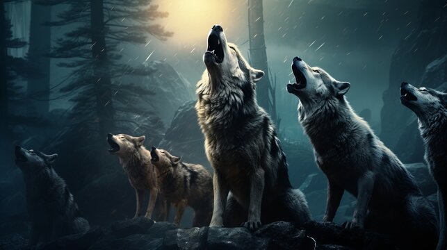 A Pack of Wolves Howling at the Moon AI Generated