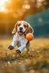 little happy dog playing with ball in nature