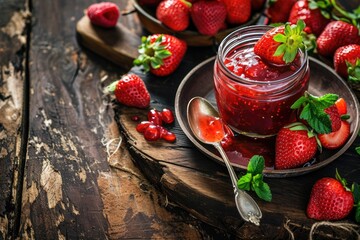 Homemade strawberry jam in a glass jar with fresh berries on a wooden table closeup