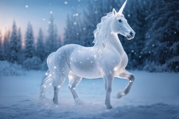 Obraz na płótnie Canvas Majestic White Unicorn Standing in Snow - Beautiful Winter Scene. Generative AI.