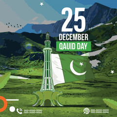 25 december pakistan day flyer with social media banner or instagram post template | Quaid e azam pakistan day celebration instagram and facebook template | December pakistan day muhammad ali jinnah - obrazy, fototapety, plakaty