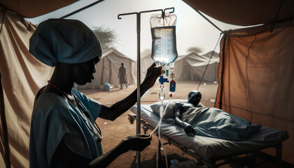 An African medical tent hospital in Africa , Iv drip, African nurse, sick patients - obrazy, fototapety, plakaty