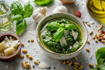 Italian pesto sauce with basil pine nuts parmesan cheese and olive oil on light gray background