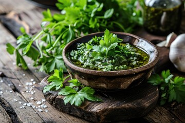 Italian dip and dressing homemade food concept on rustic wooden dark background with coriander herb