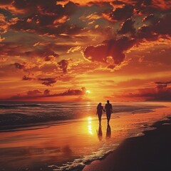 a couple taking a romantic stroll along the beach during a breathtaking sunset. Highlight the warm tones of the sky and capture the love between the two characters.