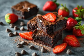 Stack of homemade fudgy chocolate brownies with strawberries on concrete - obrazy, fototapety, plakaty