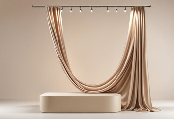 3D display podium, beige background with pedestal and flying nude color silk cloth curtain. Nature wind. Beauty, cosmetic product presentation stand. Luxury feminine mockup 3d render advertisement