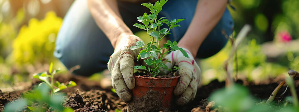 a farmer plants a seedling from a pot in the garden