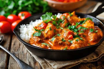 Spicy Asian meat dish served with rice tomatoes and parsley on a wooden background