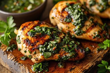 Ready to eat homemade grilled chicken breast seasoned with chimichurri
