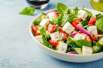 Close up of vegetable salad with feta cheese cubes in a white bowl set against a blue background - Powered by Adobe