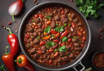 Foto auf Acrylglas Scharfe Chili-pfeffer chili con carne with whole red chilis