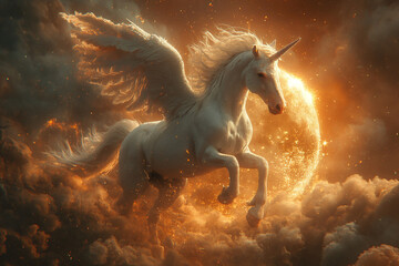 Obraz na płótnie Canvas A Winged White Unicorn beneath the Fiery Moonlight