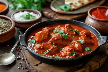 Spicy curry with red chicken Kerala style vindaloo Butter chicken Murgh Makhani hot gravy dish with...