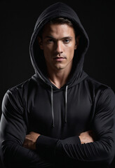 Enigmatic figure in black hoodie against dark backdrop. Mysterious, rugged man in hooded sweatshirt.