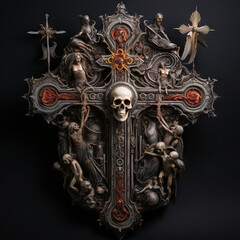 A dark jesus cross with skulls in red