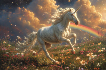 Obraz na płótnie Canvas A White Unicorn in a Meadow Beneath a Colorful Sky