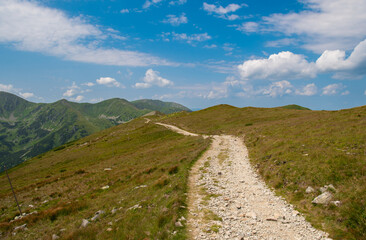 Fototapeta na wymiar Road to Mountain Chopok in Low Tatras (Nízke Tatry, Demänovská Dolina). National Park with Mountain Hut and Cableway in central Slovakia. Hiking along a mountain ridge in clear weather.