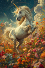 A White Unicorn Amidst a Blossoming Floral Sky