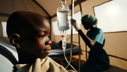 An African child in a temporary medical tent hospital in Africa , Iv drip, African nurse