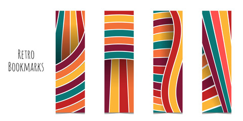 Bookmarks set with abstract colored stripes. Bookmarks in retro color palette. Template for printing student and school bookmarks. Isolated on white background.