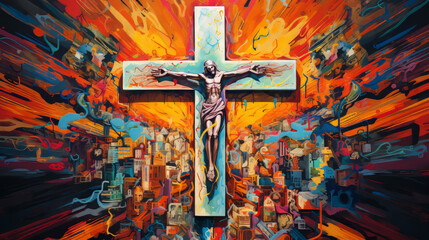 A jesus cross that consists of rainbow colors