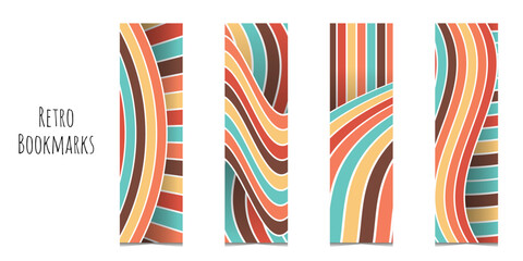 Bookmarks set with abstract colored stripes. Bookmarks in retro color palette. Template for printing school and student bookmarks. Isolated on white background.