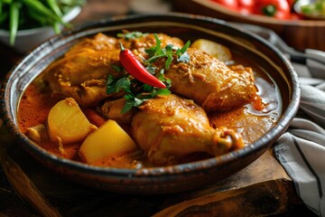 Malaysian chicken curry with potatoes focused on - obrazy, fototapety, plakaty