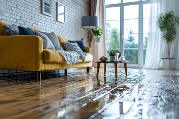 Water on the floor in the living room - obrazy, fototapety, plakaty