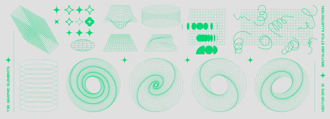 Set of neon green vector wireframe objects, retro futuristic y2k elements. Line grid torus, wormhole, perspective mesh, geometric shape icons. Retro geometry design 90s y2k style elements collection