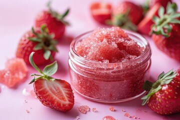 Fresh strawberry on pink background with sugar scrub