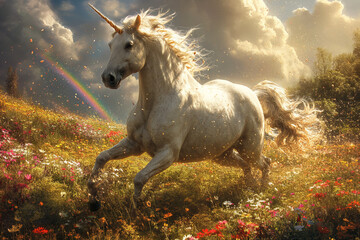 Obraz na płótnie Canvas Serenade of Nature's Splendor - A White Unicorn in Blooms Amidst Clouds and Rainbow