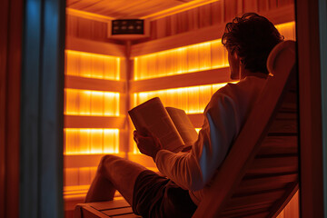 A person sits and relaxes in an infrared sauna. - obrazy, fototapety, plakaty