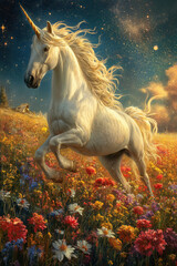 Obraz na płótnie Canvas White Unicorn Embraced by Blooms Beneath a Starlit Canopy