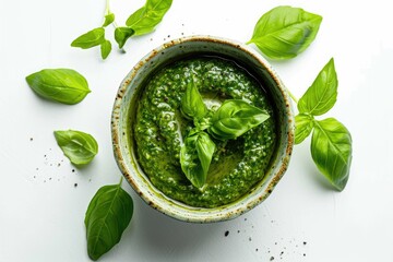 Green pesto sauce in ceramic cup from a top view isolated on a white background