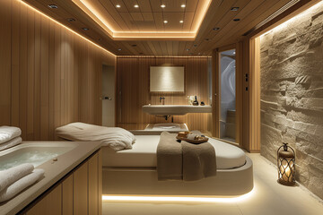 A serene spa room with soft lighting and a comfortable hydrotherapy bed. - obrazy, fototapety, plakaty