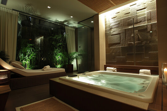 A serene spa room with soft lighting and a comfortable hydrotherapy bed.