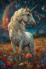 Obraz na płótnie Canvas White Unicorn amid a Floral Haven under Stars and Rainbow