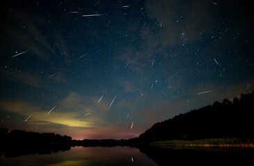 stacked photos showing the Perseid meteor shower against the August northern sky seen above the lake