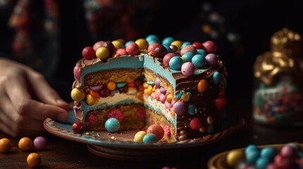 Fototapeta na wymiar Hand holding a colorful cake