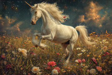 Obraz na płótnie Canvas White Unicorn Amidst Blooms Beneath Stars and Twilight Sky