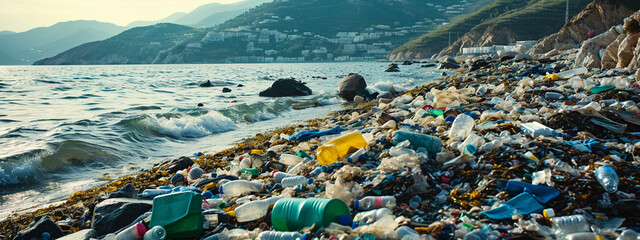 water washes garbage onto the beach - obrazy, fototapety, plakaty