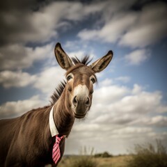 Generated image of a donkey wearing a red necktie on a cloudy day. Portrait and minimalistic business idea.