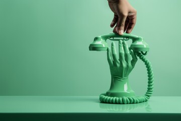 Hand of a woman holding a green telephone handset on a green background.