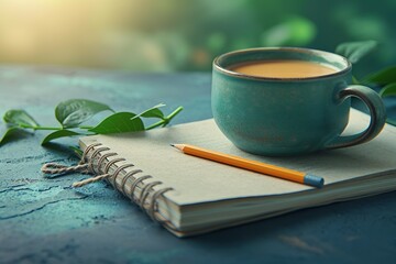 Blank a white notebook with a pencil and coffee in a cup next to it on a wooden table or background with space for text or inscription, top view. - obrazy, fototapety, plakaty
