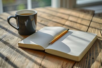 Blank a white notebook with a pencil and coffee in a cup next to it on a wooden table or background with space for text or inscription, top view. - Powered by Adobe