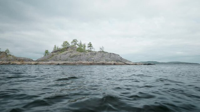 Boat Trip In Beautiful Lake, View From Water On Picturesque Island, Traveling In Autumn Season