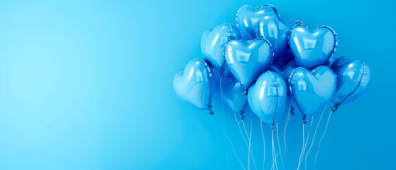 Blue hearts shaped balloons on a purple background. Valentine's Day. Birthday card. Holidays background. Generative AI