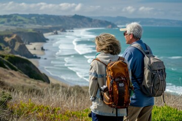 Fototapeta na wymiar Senior couple admiring the scenic Pacific Ocean coast while hiking, filled with wonder at the beauty of nature during their active retirement