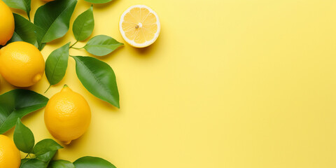  Fresh lemon  saucy citrus fruits and vitamin c. lemons on yellow background Summer composition made from  lemon and green leaves on pastel yellow background. Fruit minimal concept. Flat lay.